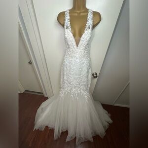 Symphony of Venus IvoryNude Plunging VNeck Beaded Tulle Mermaid Wedding Dress 12